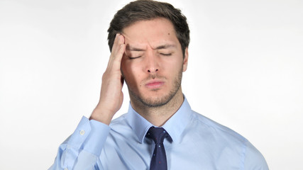 Stressed Young Businessman with Headache on White Background