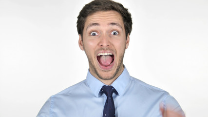 Excited Businessman Cheering Success on White Background