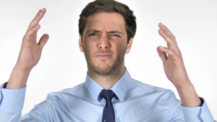 Young Businessman Reacting to Failure and Problems on White Background