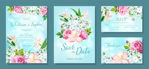 Wedding invitation card template. Floral design with blooming flowers of pink Roses, Alstroemeria, light-blue Phloxes, buds, green leaves on pastel sky-blue background. Vector illustration
