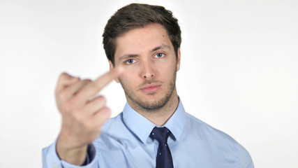Young Businessman Showing Middle Finger on White Background