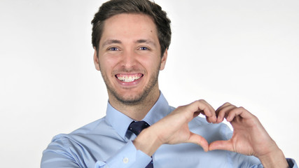 Handmade Heart by Young Man Isolated on White Background