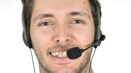Face Close up of Smiling Call Center Agent on White Background