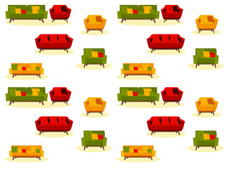 flat vector pattern with sofas and chairs on a white background