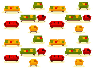 flat vector pattern with sofas and chairs on a white background