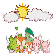 cute animals, foxes and rabbits nature sun cartoon