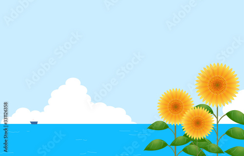 背景素材 向日葵と海と入道雲wall Mural Wallpaper Murals Tak