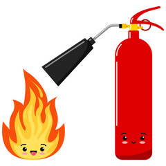 Emoji fire flame and fire extinguisher icon set isolated on a white background.