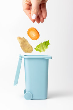 Female hand throws organic trash into trash can, the concept of garbage sorting