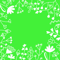 Floral card with place for text. Hand drawn Meadow flowers , leaf and grasses on green background . Vector illustration.