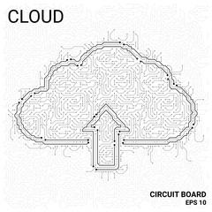 Circuit Board in the form of a cloud. Microchip cloud-based technology background. High- tech vector illustration of a cloud made of chips. Electronic Board on a white background.