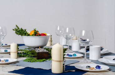 Beautiful table setting with lavender flowers on wooden background