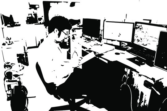 A black and white vector image of a man working at a computer screen at home