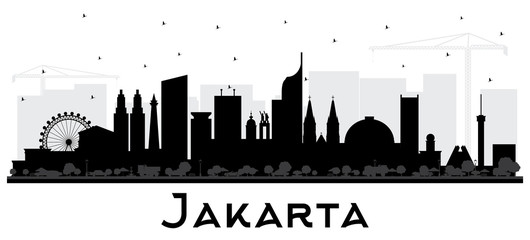 Jakarta Indonesia City Skyline Silhouette with Black Buildings Isolated on White.