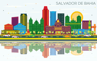 Salvador de Bahia Brazil City Skyline with Color Buildings, Blue Sky and Reflections.