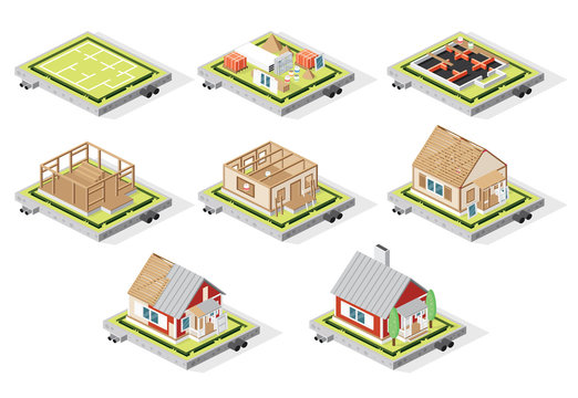 Isometric House Construction Phases Isolated on White. Stages from Plan to Finished Building.