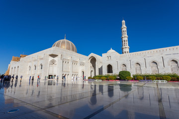 Sultan Qaboos Grand Mosque exterior during sunny day. Sultanate of Oman.