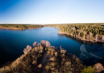 Beautiful panorama of the lake and green forest,  aerial landscape. 