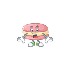 A mascot design of strawberry macarons making a surprised gesture