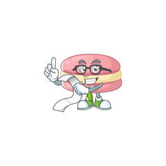 cartoon character of strawberry macarons holding menu on his hand