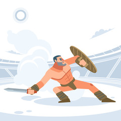 Gladiator. The warrior is in a pose of protection. Vector isolated flat design style