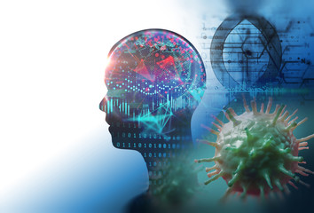 Obraz premium nCov coronavirus microscope and human wearing mask ,3d illustration