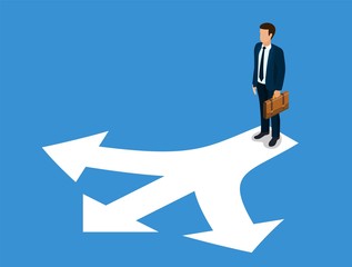 Choice way concept 3d isometric. Businessman before choosing. Crossroads arrows. Decide direction. Human standing choice of ways. Vector illustration flat style