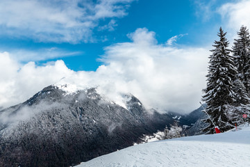 View of the mountains from the Morzine ski slopes in the French Alps during winter