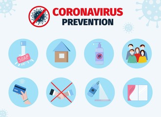 Coronavirus prevention concept. Prevention from COVID-19.  Coronavirus pandemic caution. Vector illustration with isolated elements for poster, banner, flyer.