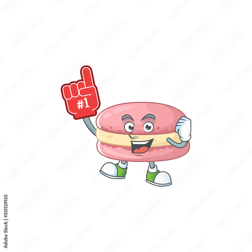 Poster strawberry macarons presented in cartoon character design with foam finger