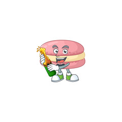 mascot cartoon design of strawberry macarons with bottle of beer