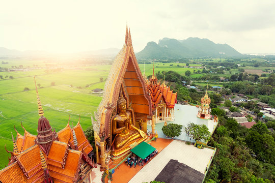 Landscape of  Wat Tham Sua temple at Kanchanaburi province Thailand. There are large pagoda and Buddha statue. Beautiful a bigest Buddha statue and it is a major tourist attraction of Thailand.