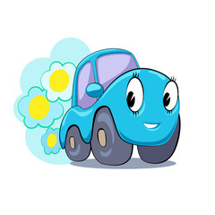 Cute eco-friendly machine farts floral freshness. Vector cartoon illustration