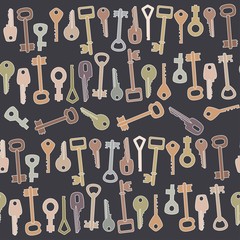 seamless pattern of different keys on a dark background. stock vector illustration.