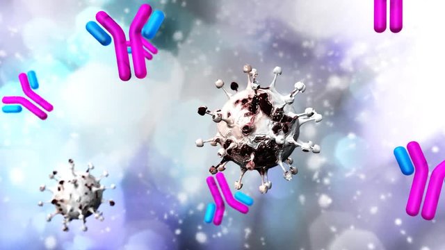 Virus and antibodies close up, microorganism, a microscopic organism, especially a bacterium, virus, or fungus. 3d rendering