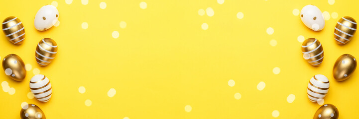 Easter background yellow. Easter composition: golden shine decorated eggs in basket. For greeting card, promotion, poster
