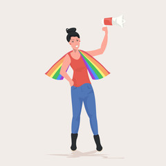 lesbian woman with lgbt flag holding megaphone loudspeaker love parade pride festival demonstration concept full length vector illustration