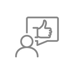 Human with thumb up in speech bubble line icon. Like, user feedback, comment symbol