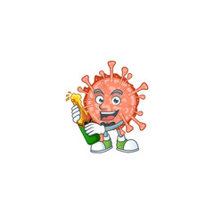 mascot cartoon design of bulbul coronavirus with bottle of beer