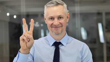 Victory Sign by Positive Grey Hair Businessman