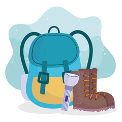 camping backpack boots and flashlight equipment