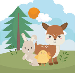 camping cute rabbit deer and chicken tree grass sun cartoon