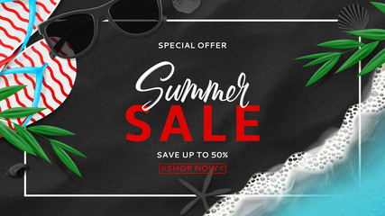 Summer sale banner template. Top view on beach with sea waves. Beautiful background with seashells, tropical leaves, sunglasses and flip flops on sea black sand. Vector illustration.