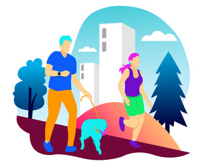 Illustration of two teenagers jogging in a city park carrying a pet dog