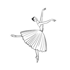Beautiful ballerina woman against white background.Vector Ballet banner.Line Dancer in an airy skirt,long skirt-tutu.Stock isolated illustration. © liza