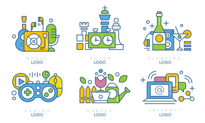 Hobby Logo Templates Collection, Music, Chess, Clubbing, Gaming, Garden, Internet Creative Labels Vector Illustration