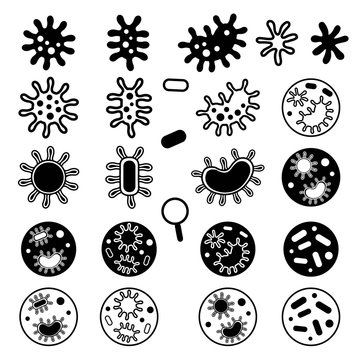 Vector outline set of viruses, bacteria, bacillus icons isolated on white background. Symbols of virology, biology, medical research of viruses, treatment of diseases and the fight against infection.