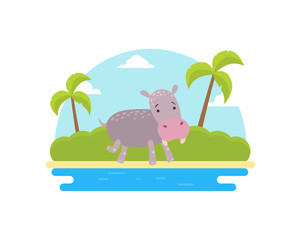 Cute Elephant on African Landscape, Tropical Animal in Nature Vector Illustration
