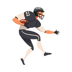 American Football Player Running with Ball, Male Athlete Character in Black Sports Uniform in Action Vector Illustration