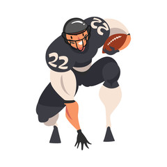 American Football Player, Male Athlete Character in Black Sports Uniform and Protective Helmet Playing with Ball, Front View Vector Illustration